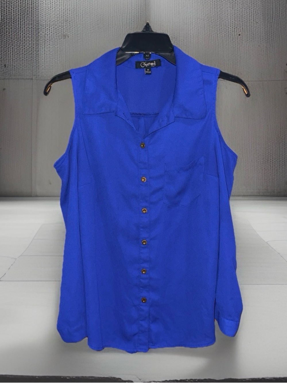 Charmed by Eve Cold Shoulder Long Sleeve Button-Down Cobalt Blue Blouse-M-EC